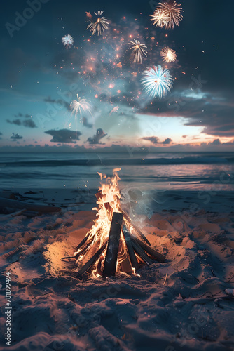 San Juan bonfire on the beach with fireworks