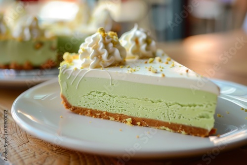 A slice of green pistachio cheesecake decorated with whipped cream, served on a round plate in a cafe setting. Sliced Green Pistachio Cheesecake on Plate