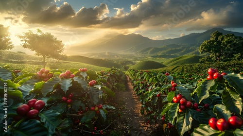 Sun Shining Through Clouds Over Coffee Bean Field. Generative AI