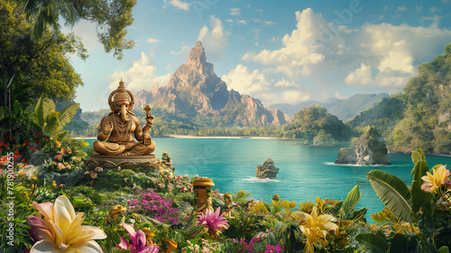 A mesmerizing Lord Ganesha with a serene lake nestled among mountains on a summer day, Ganesha statue with reflecting the beauty of nature. photo