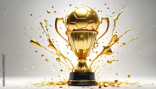 Goldener Fußball Pokal Sieg Bundesliga gewinnen dynamisch bewegt durch Spritzer aus flüssigem Gold strahlende Sieger Champions League Meisterschaft Europa Ball Tor Cup Sport Erfolg photo