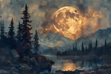 Enchanted Moonlight Serenade over Tranquil Wilderness. Concept Nature Photography, Moonlit Scenes, Romantic Portraits, Outdoor Adventure, Tranquil Landscapes