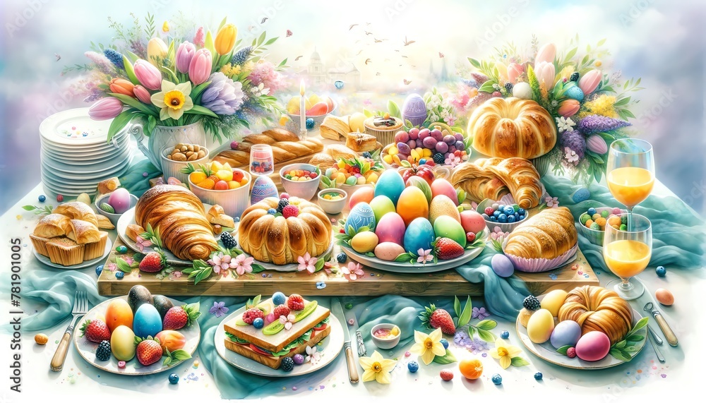 Watercolor Painting of Easter Brunch Board