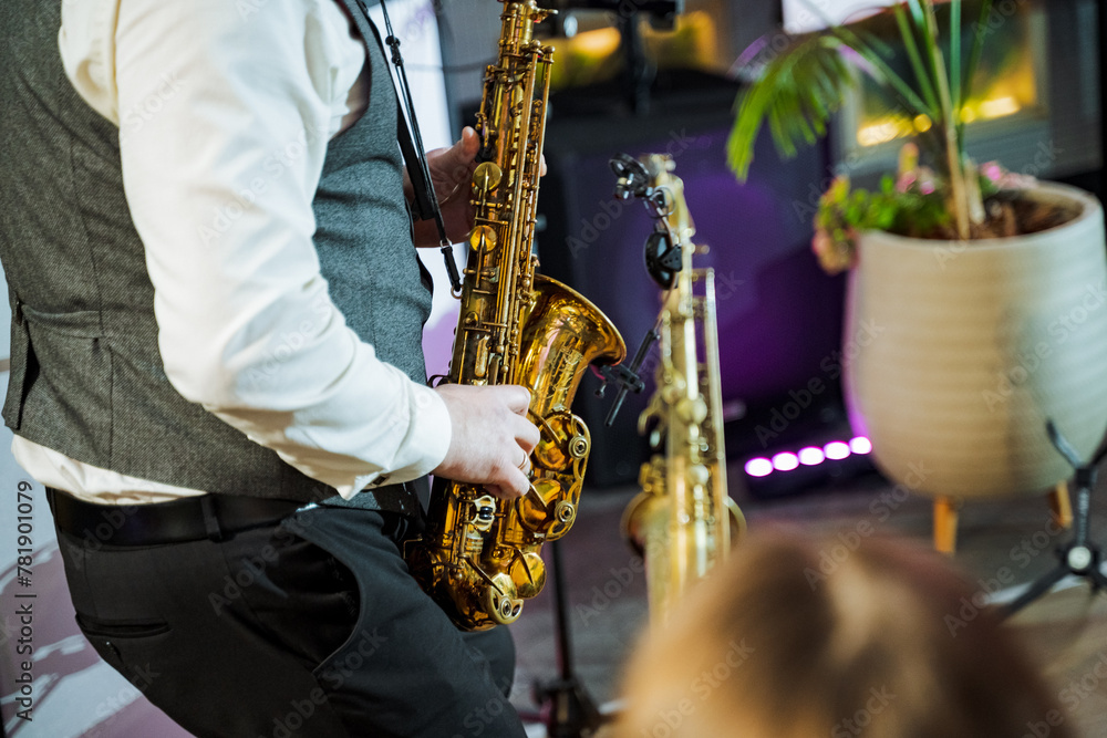 Obraz premium A musician plays saxophone in room with houseplant