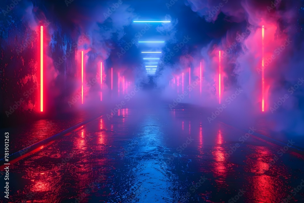 Neon-Lit Urban Passage: A Mystical Midnight Walk. Concept Neon Lighting, Urban Environment, Midnight Atmosphere, Mystical Vibes, Night Photography