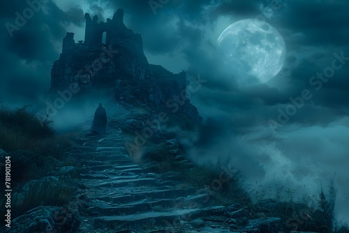 Moonlit Quest to the Enigmatic Castle. Concept Medieval Magic, Moonlit Mysteries, Enigmatic Castle, Midnight Adventure