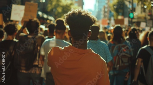 Back view of a young man at a crowded protest rally on sunny city streets.
