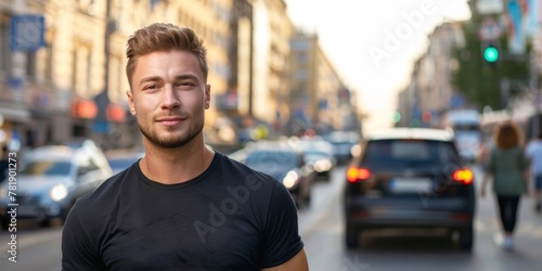 A young man confidently standing in the middle of a bustling city street with cars.