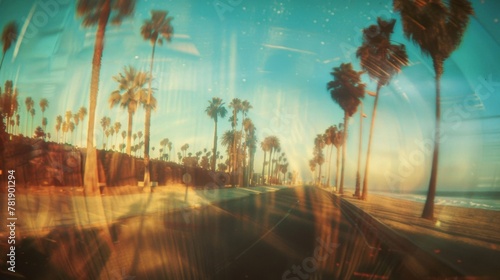 Retro-styled image of palm trees lining a sunny Californian boulevard with a vintage filter effect.