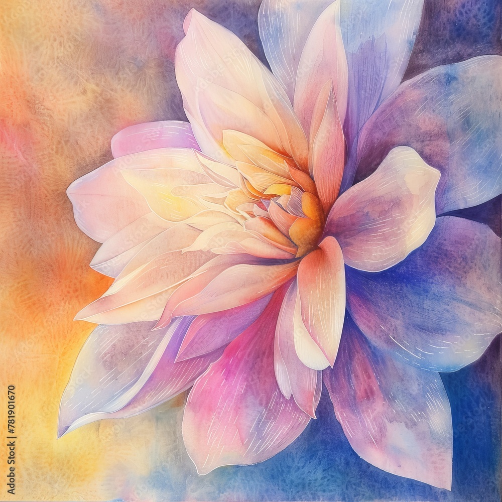 Closeup watercolor flower, handrendered in pastels, with a focus on peaceful color transitions