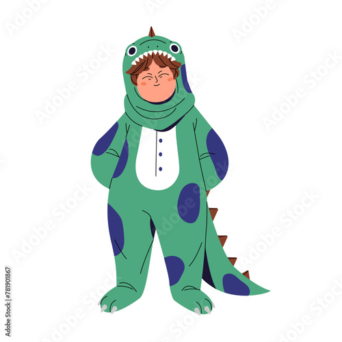Kid in amusing costume of dino in Halloween masquerade. Funny child dressed in adorable dinosaur with hood, tail. Boy in cute monster suit smiles. Flat isolated vector illustration on white background