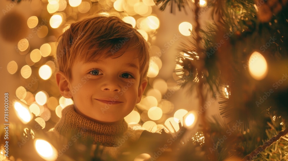A joyful boy peeking through Christmas tree branches, surrounded by twinkling lights. A joyful boy peeking through Christmas tree branches, surrounded by twinkling lights.