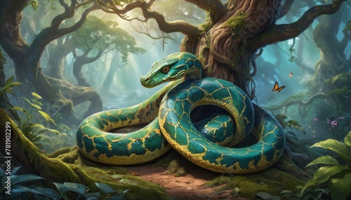 An emerald python coils within a dense forest, its scales a mosaic of green that camouflages it among the foliage. AI Generation