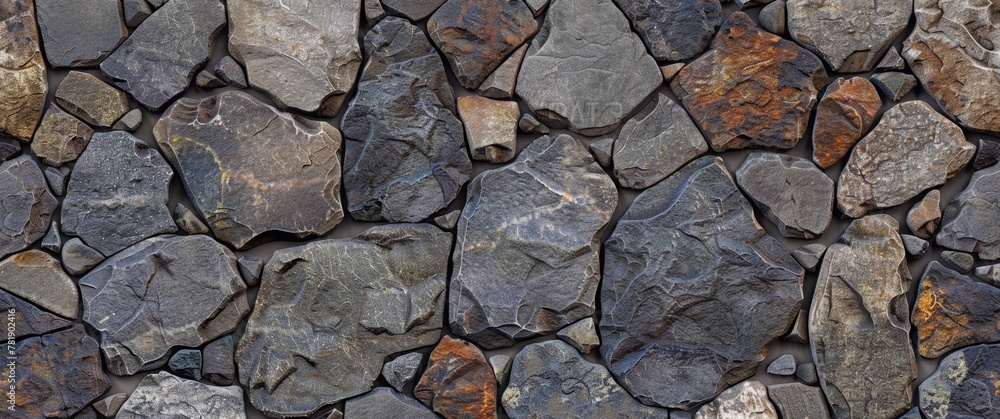 Fototapeta premium Stones and rocks on the wall. Stone background. Colorful stone wall background with natural rock texture. Top view of rough grey and brown decorative granite rocks in an outdoor landscape design.
