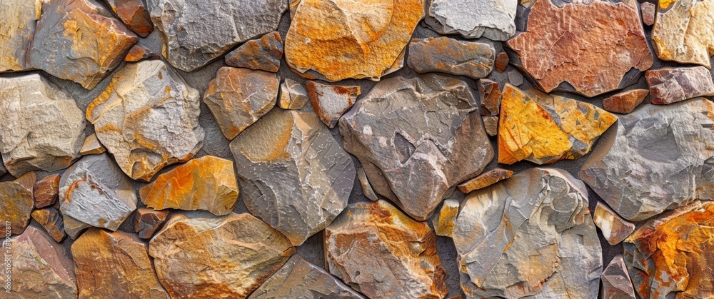 Stones and rocks on the wall. Stone background. Colorful stone wall background with natural rock texture. Top view of rough grey and brown decorative granite rocks in an outdoor landscape design.
