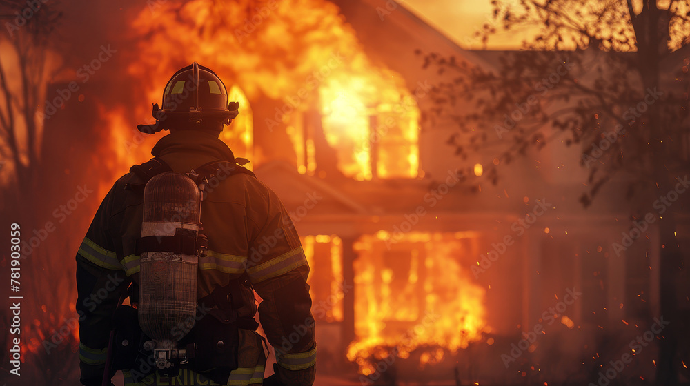 Fototapeta premium Firefighter on the background of the fire view from the back