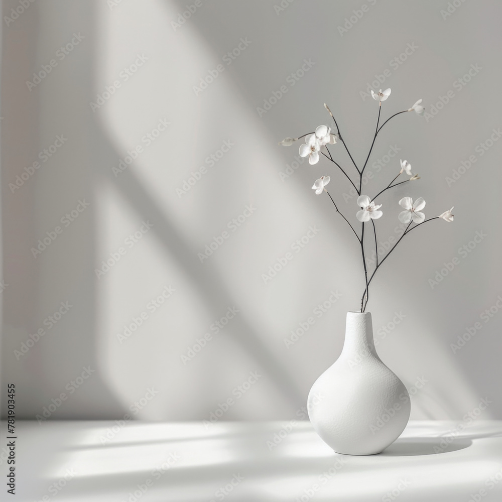 Minimalist interior, white background with three-dimensional space, greenery, and vases