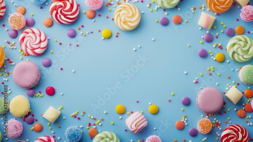 The concept of National Candy Day, top view. Copy space area for text. Background, banner, template. Children day. Candy and party event.