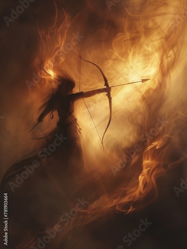 Mystical archer in shadowy guise aiming a flaming arrow, creating a bold contrast against the chaotic backdrop