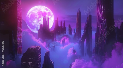 The moons journey across a futuristic cityscape, blending neonlit nights with early morning mist