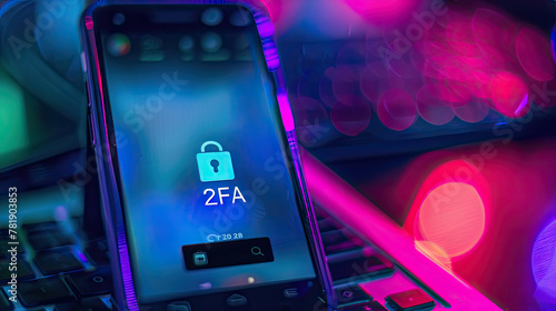 2FA secure account login connection or cybersecurity service concept of mobile and computer secure connection as trusted device closeup and two step factor authentication code verified credentials