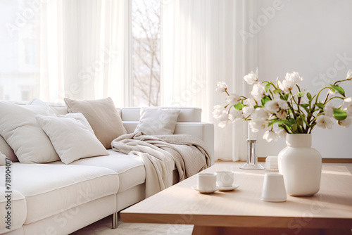 Close up vase with flowers on coffee table near white sofa against window. Scandinavian interior design of modern living room, home.