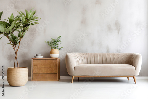 Beige velvet sofa and wooden cabinet, pot with home plant against stucco wall with copy space. Scandinavian interior design of modern living room, home.