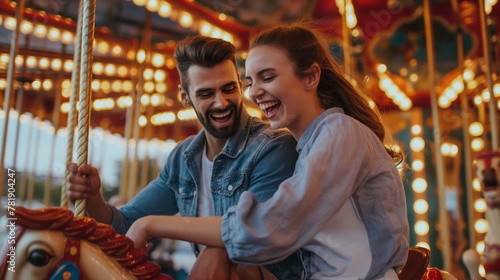 a fun city fair with beautiful carousels on which a man and a woman ride, experiencing emotions of happiness and relaxation, forgetting about all problems photo