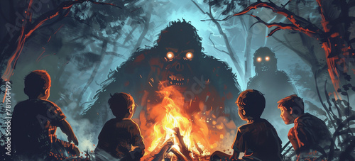Young school boys telling scary campfire stories with a bigfoot watching from the dark woods. Summer camp scary sasquatch story.