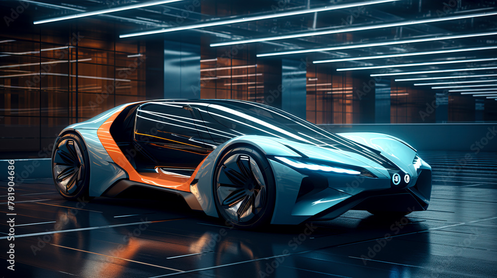 Blue Light Futuristic Electric Car Stunning Angular Design in Photorealistic Images