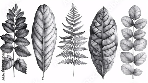 A collection of foliage. Floral drawing. Fern  gum tree  and shrub. Retro flower backdrop. Decorative components. Separated. Monochrome.