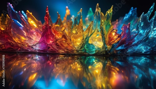 Dynamic glass sculpture featuring spikes of multicolored glass on a reflective surface, creating a sense of movement. AI Generation