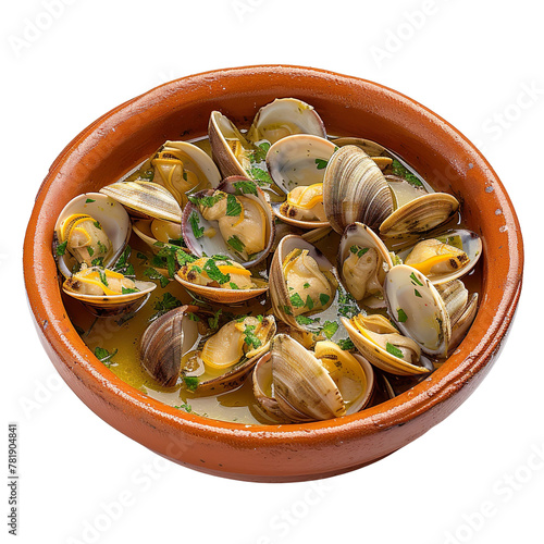 front view of Amêijoas à Bulhão Pato with Portuguese garlic clam dish, featuring fresh clams cooked with garlic, coriander, and white wine
 photo