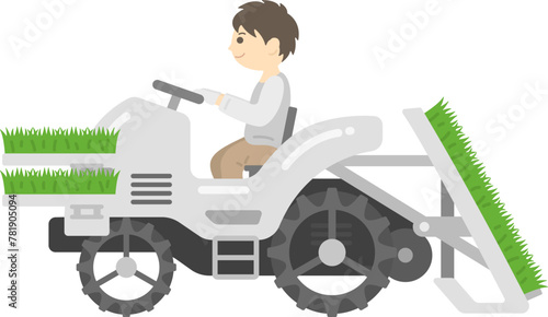 苗を積んだ、田植機を操縦する、男性のイラスト