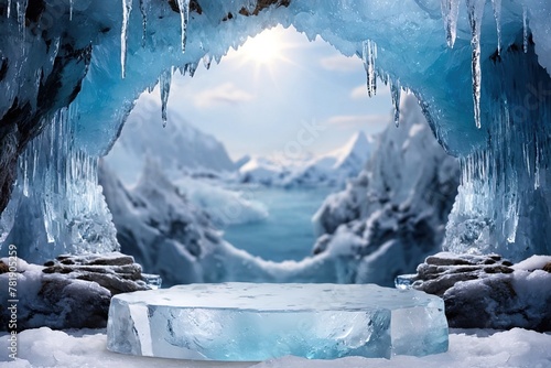 Product packaging mockup photo of winter scene and Natural podium background, Ice podium on the ice mountain cave for product display, advertising, mockup, studio advertising photoshoot