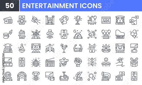 Entertainment and cinema vector line icon set. Contain linear outline icons like theater, party, nightlife, festival, ticket, birthday, firework, circus, popcorn, confetti. Editable use and stroke.