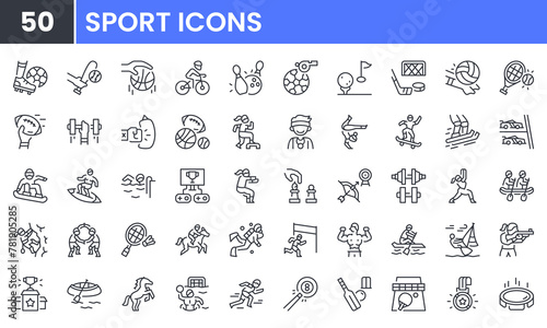 Sport vector line icon set. Contain linear outline icons like football, fitness, volleyball, golf, tennis, boxing, basketball, athletic, bicycle, ski, bowling, yoga, hockey. Editable use and stroke.