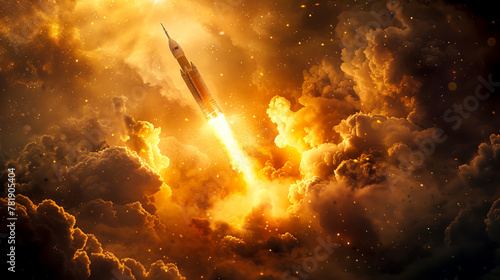 Exploring the Final Frontier A Stunning Space Rocket Launch Ignition Amidst Majestic Clouds and Serene Landscapes