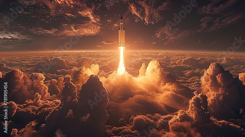 Skyward Bound Captivating Space Rocket Launch Ignition amidst Clouds and Landscape