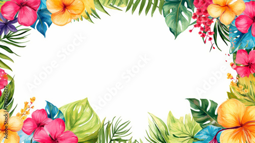 frame of colorful tropical hibiscus flowers  monstera and palm leaves