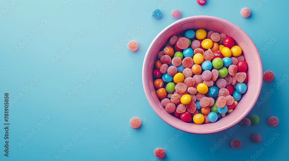 The concept of National Candy Day, top view. Copy space area for text. Background, banner, template. Food for Children. Candy and party event.