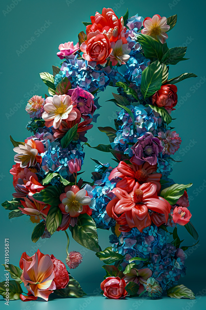 Vibrant 3D Floral Number 4 A Futuristic Minimalist Creation with Photorealistic Volumetric Light on Blue-Green Background