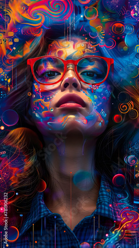 Vibrant and Surrealistic Businesswoman Concept with Colorful Background and Business Elements