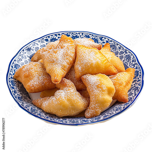 front view of Farturas with Portuguese fried dough pastries, featuring light and airy pastries dusted with sugar, isolated on a white transparent background photo