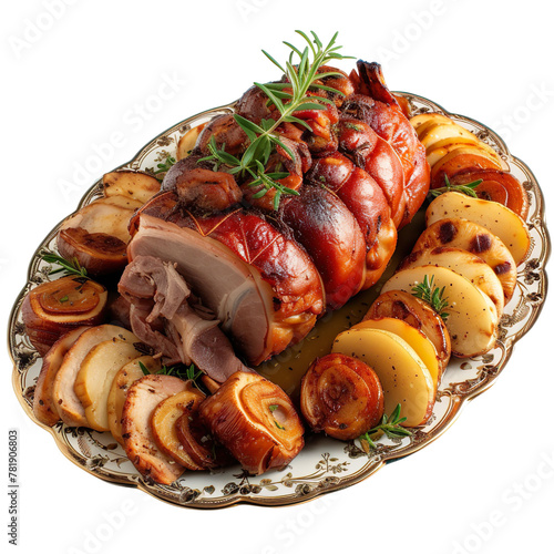 front view of Leitão à Bairrada with Portuguese suckling pig, featuring roasted piglet with crispy skin, isolated on a white transparent background
 photo