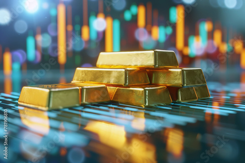 Gold ingots on a reflective surface with colorful bokeh, Concept of financial prosperity and market growth.