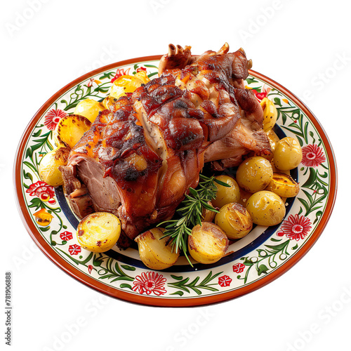 front view of Leitão à Bairrada with Portuguese suckling pig, featuring roasted piglet with crispy skin, isolated on a white transparent background
 photo
