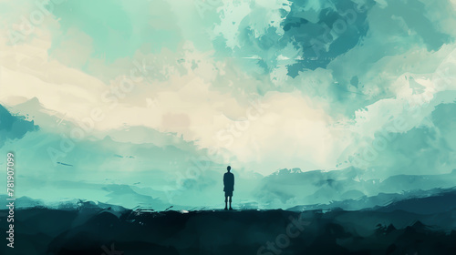 Solitary figure standing against abstract pastel backdrop, Concept of contemplation and vastness. photo