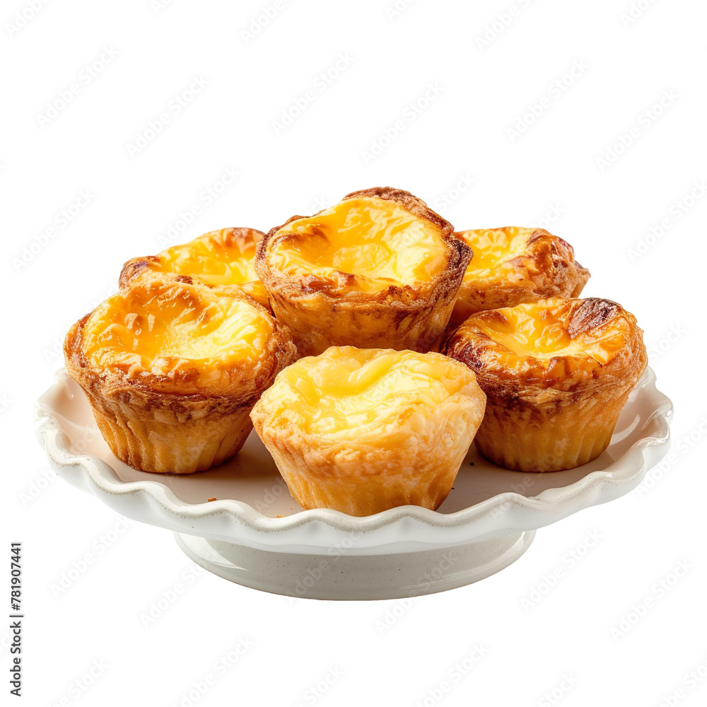 front view of Queijadinhas de Sintra with Portuguese cheese cupcakes, featuring sweet and creamy cheese-filled cupcakes, isolated on a white transparent background