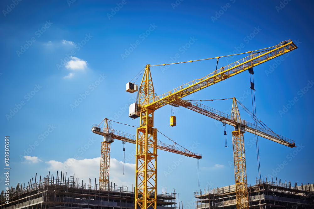 Tower Cranes Against Blue Sky at Construction Site